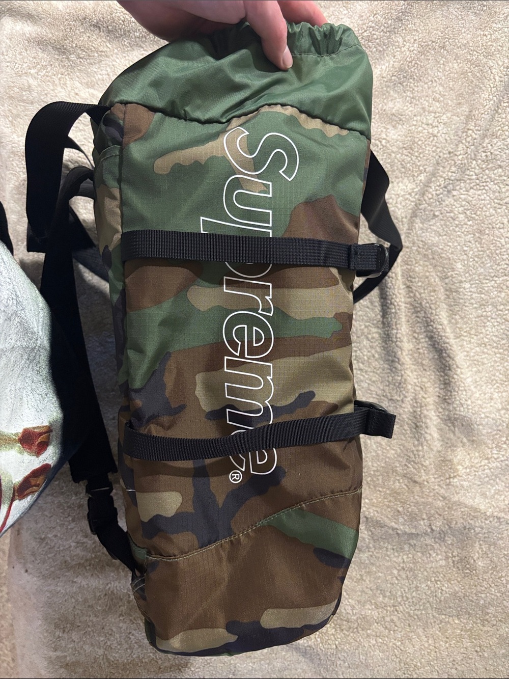 Supreme Green Brown Camouflage Drawstring Backpack - Picture 4 of 5